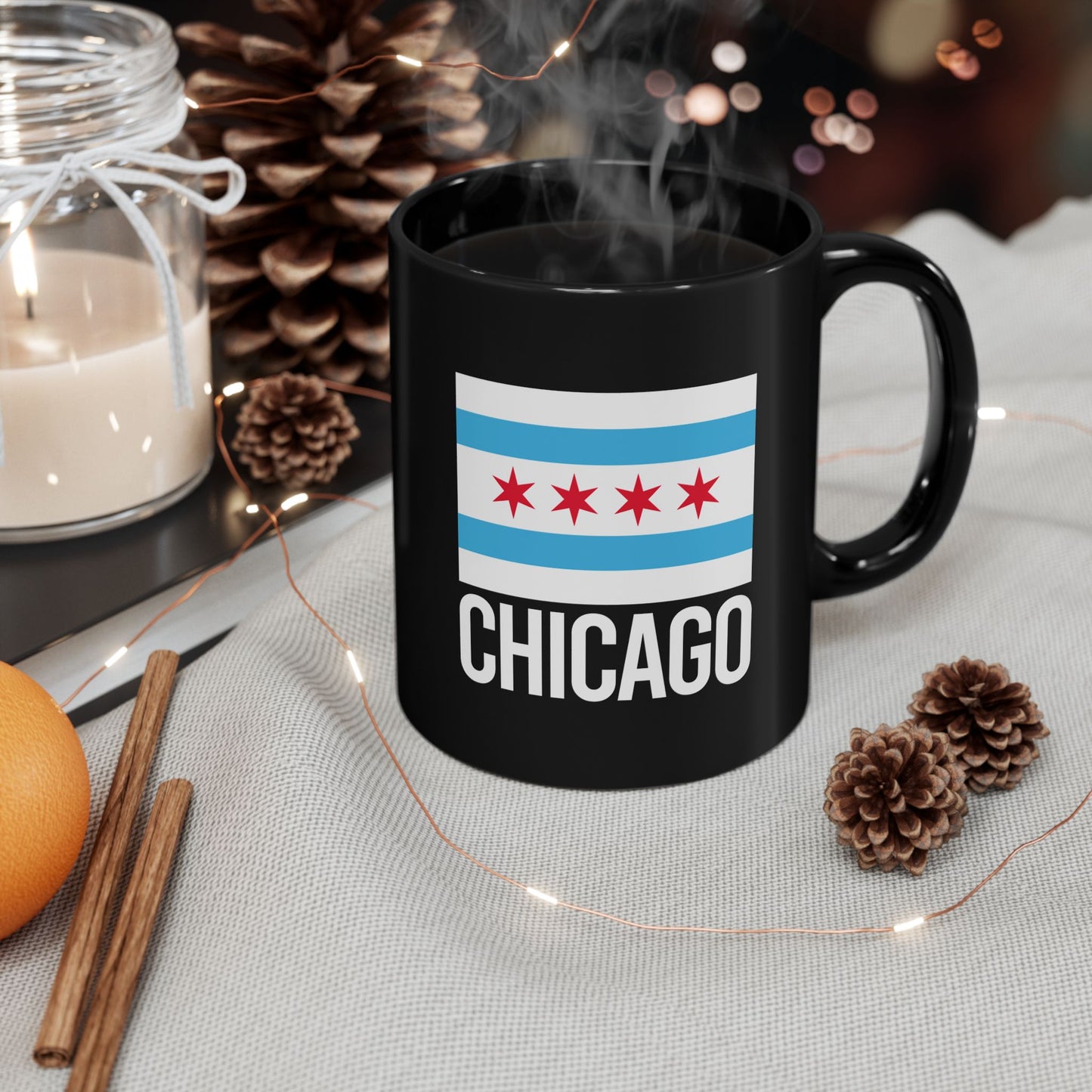 Chicago City Flag Black Ceramic Mug - 11oz, 15oz