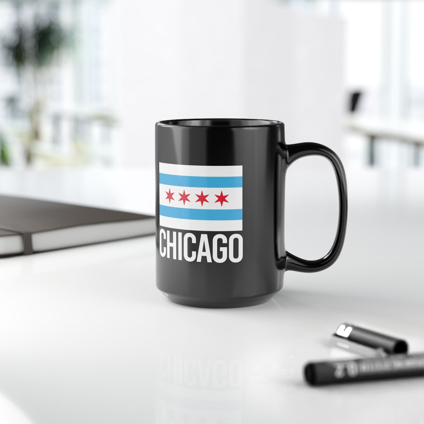 Chicago City Flag Black Ceramic Mug - 11oz, 15oz